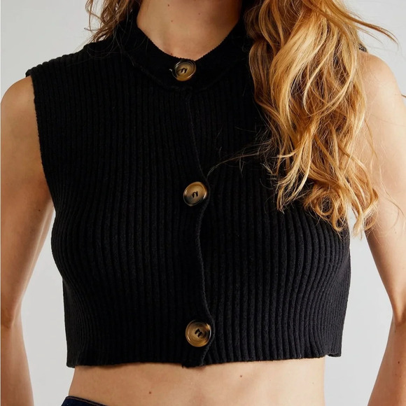 Free People Naiome Micro Sweater Vest Cropped Boxy Ribbed Knit Button Front - Picture 3 of 10